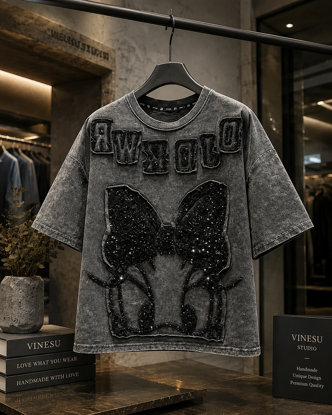 VINESU H125 🎀 H126 🔥 2026 Trend: Daisy Sequin Embellished Washed Vintage Oversized Heavy Detail Tee