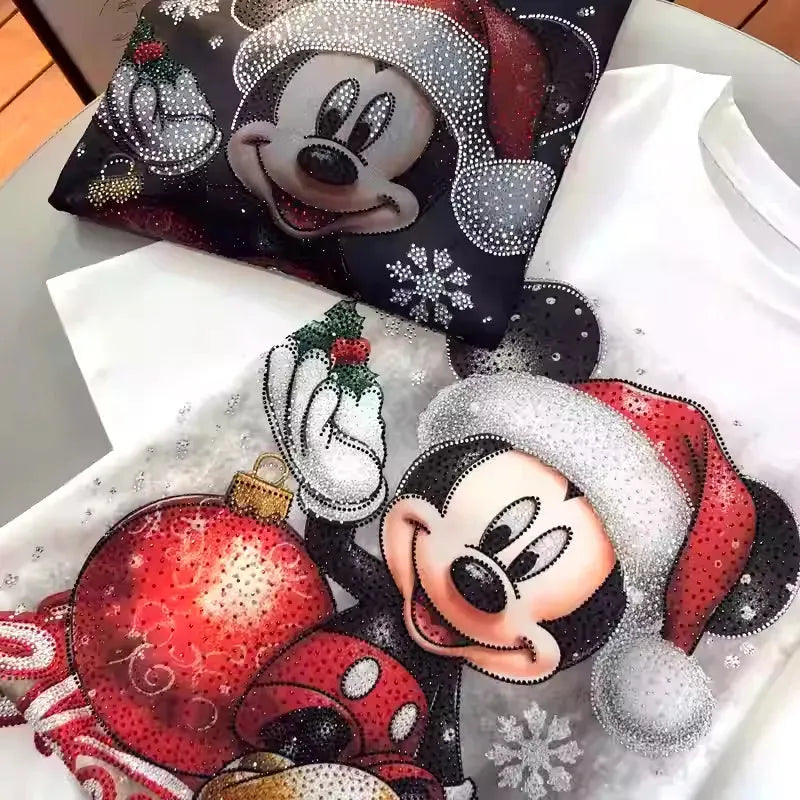 VINESU A08 - New Arrival Christmas Mouse Rhinestone Oversized Tee