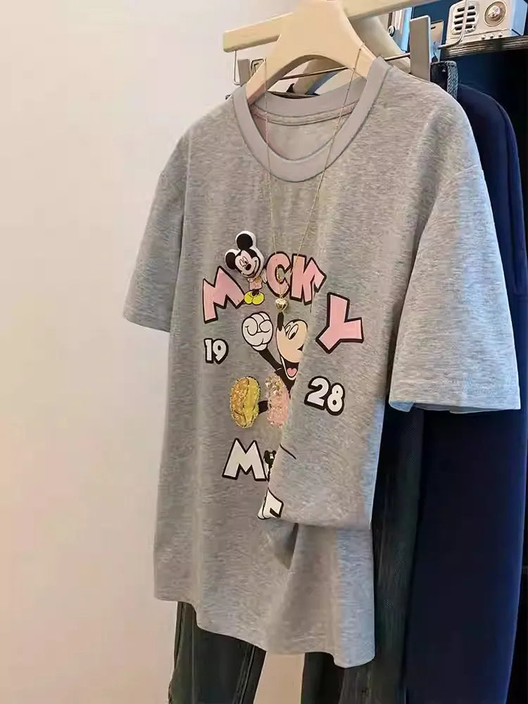100% Cotton Mickey Mouse T-Shirt | Sequins + 3D Plush Padding + Chunky Diamond Gems