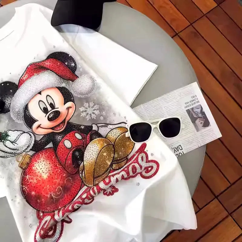 VINESU A08 - New Arrival Christmas Mouse Rhinestone Oversized Tee