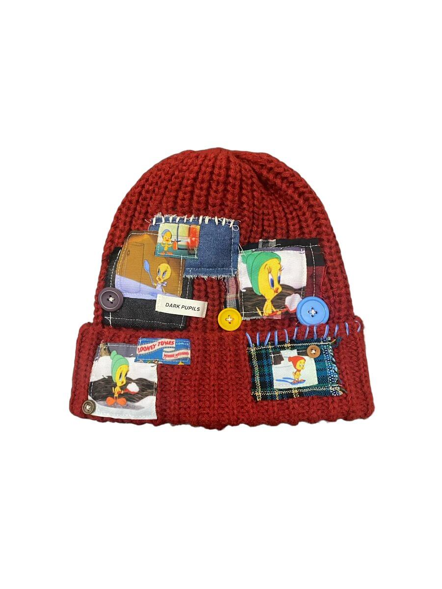 Vinesu H7 - Vintage Teddy Bird Patchwork Knit Beanie | Handmade 1-of-1 Reworked Winter Hat ❤Maroon