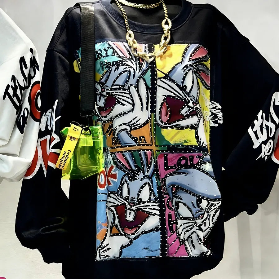 VINESU B02 -  Hand-Studded Rhinestone Bunny Grid Oversized Sweatshirt