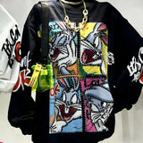 VINESU B02 -  Hand-Studded Rhinestone Bunny Grid Oversized Sweatshirt