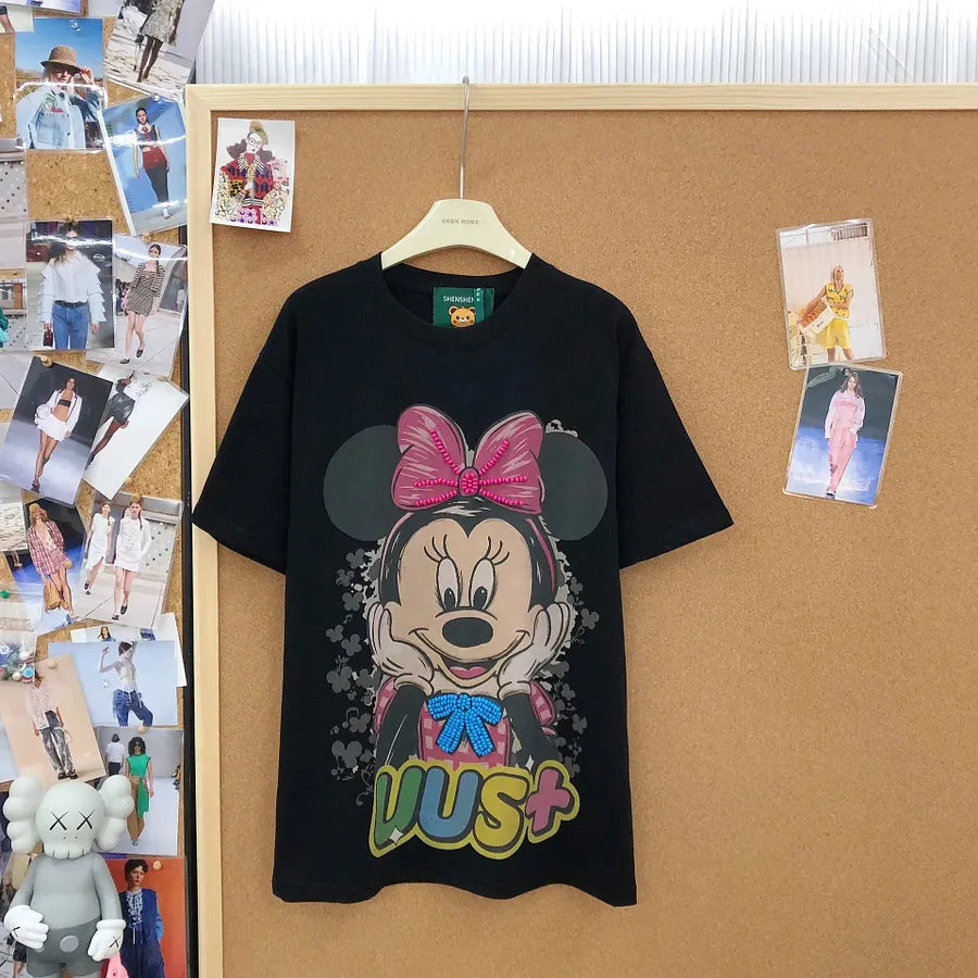 VINESU MKT04 - Cartoon Mouse Hand-Embellished Oversized Cotton T-Shirt