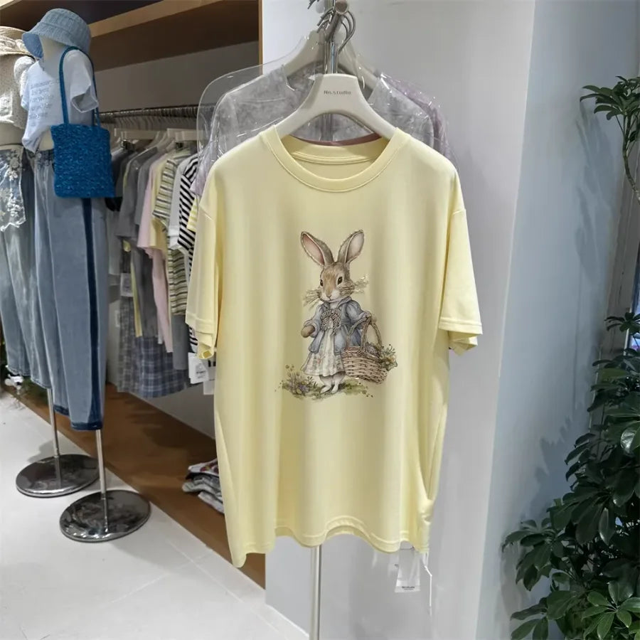 A136 - Oversized Rabbit Embroidery Tee - 220g Premium Cotton with Silver Bead Accents