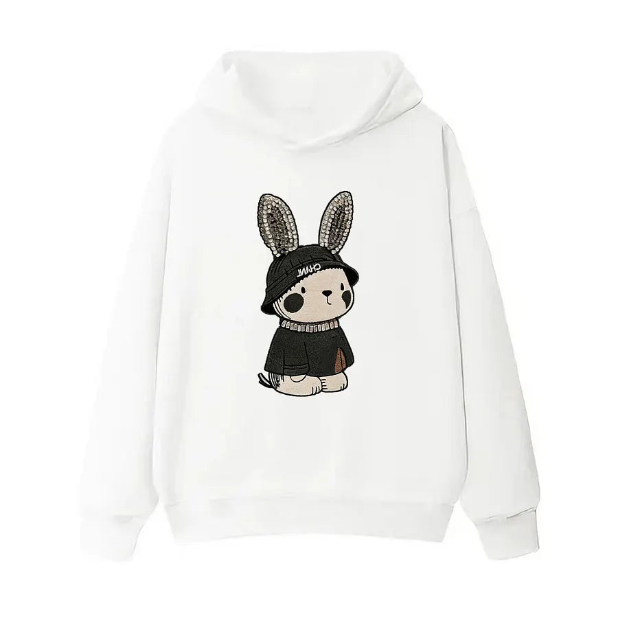 VINESU Cool Bling Bunny Ear Embroidered Hoodie｜3D Embroidery + Rhinestone Ears