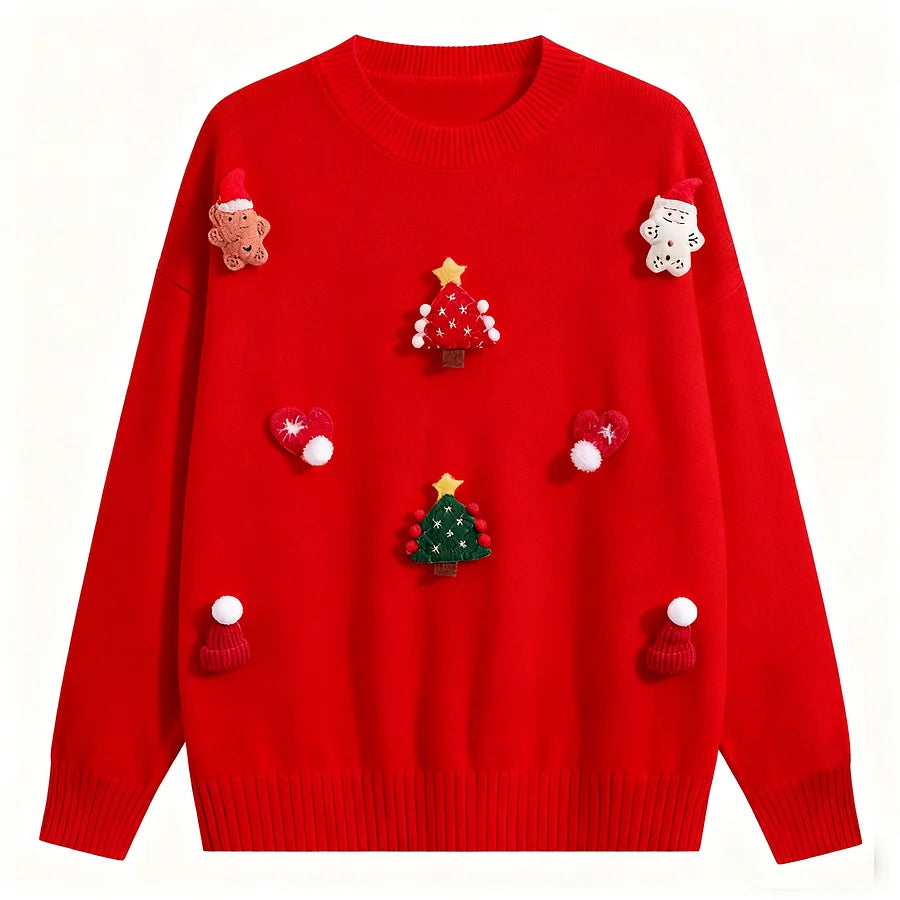 VINESU Christmas Vibe Max🎅 Handmade 3D Felt Decor Red Crewneck Sweater🔥
