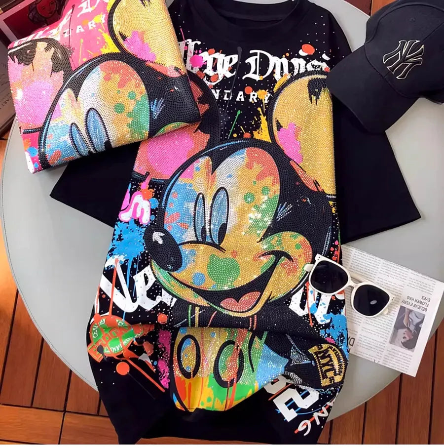 VINESU MK06 - Full Rhinestone Graffiti Mickey Oversized Cotton Tee