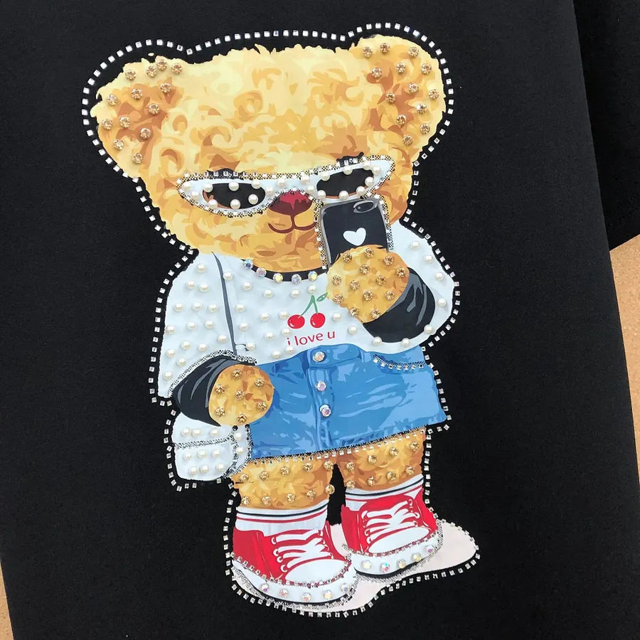 VINESU A18 - Selfie Teddy Bear Print Hand-Beaded Casual T-Shirt