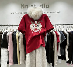 Vinesu A55 - 3D Rhinestone Lion Dance Oversized Tee