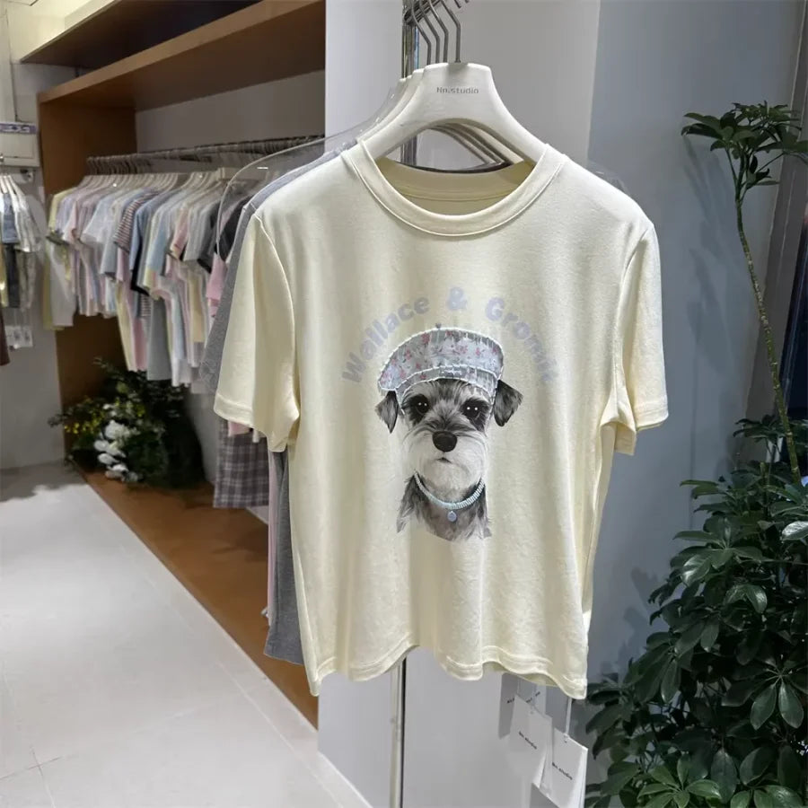 A124 - Wallace & Gromit Schnauzer Graphic T-Shirt - Floral Beret Dog Print Tee with Beaded Embroidery - Y2K Aesthetic Cotton Top