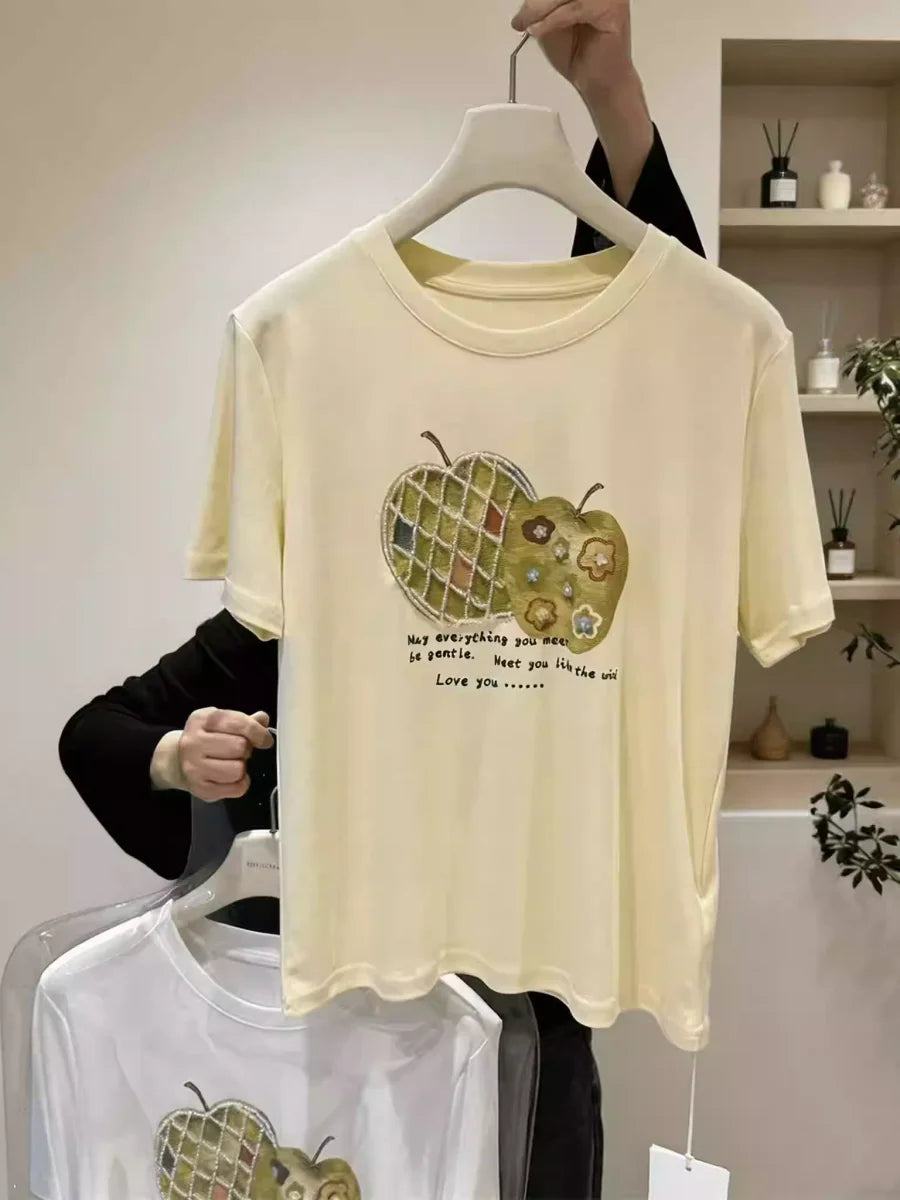 A123 - Premium Green Apple Graphic Tee with Crystal Beading & Gentle