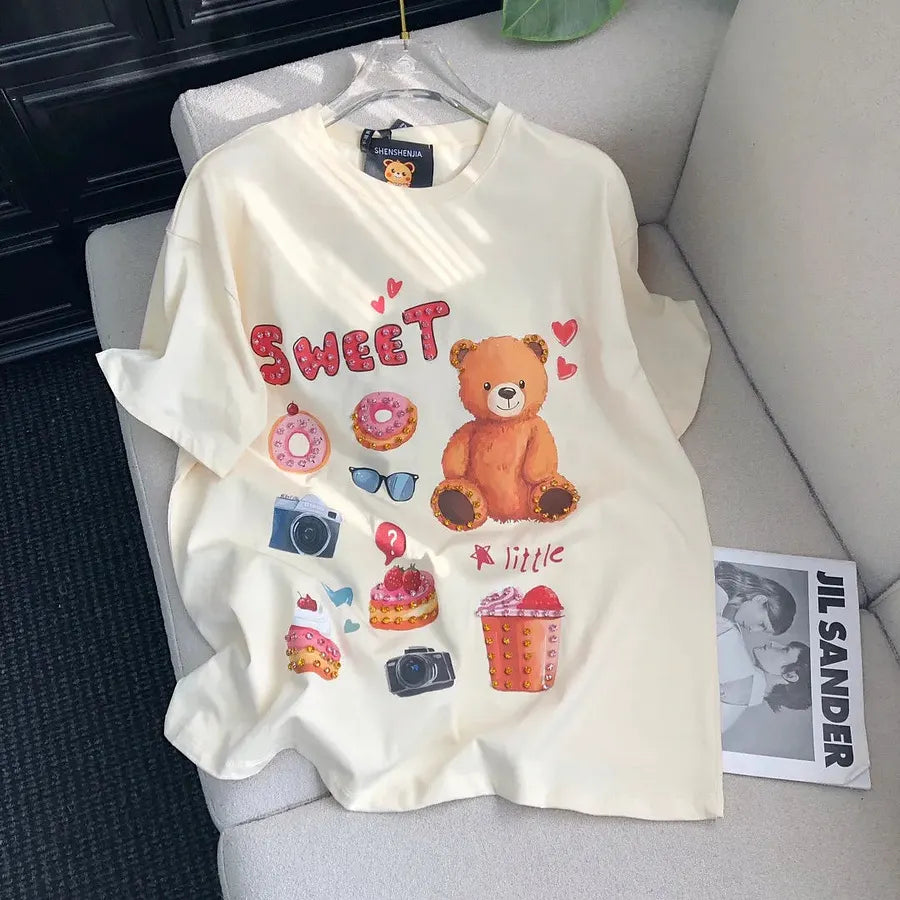 VINESU A17 - "Sweet" Bear Hand-Embellished T-Shirt