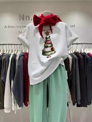 VINESU 🌲Heavy-Duty 3D Christmas Tree Embellished 220g 100% Cotton Tee
