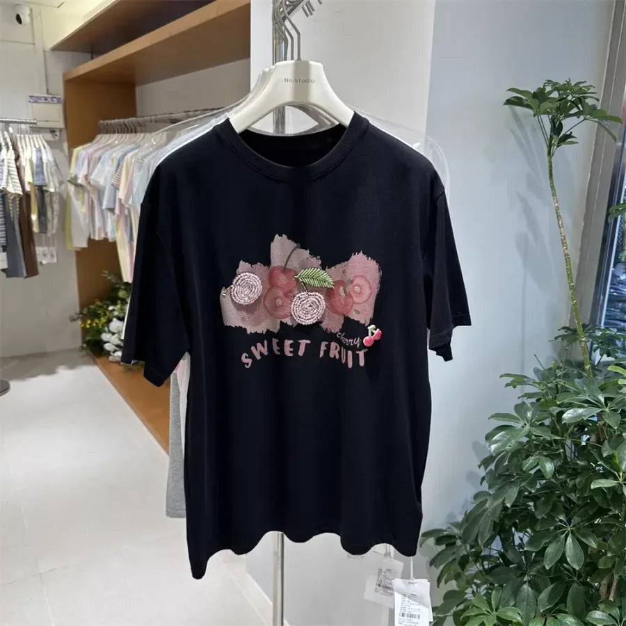 A134 - Heavywork Cherry Tee: 220g Organic Cotton | 3D Hand-Stitched Crystal Beads | Summer 2026 Edition