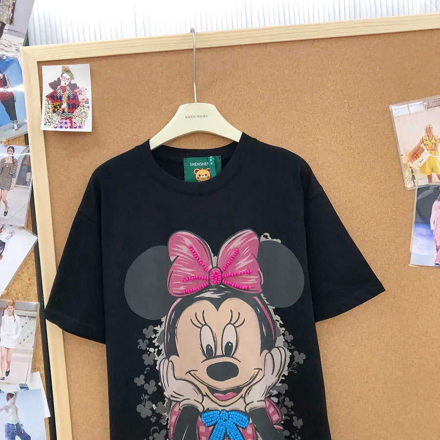 VINESU MKT04 - Cartoon Mouse Hand-Embellished Oversized Cotton T-Shirt