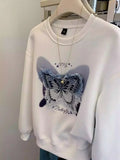 VINESU Casual Streetwear: White Sweatshirt  Denim Butterfly Patch