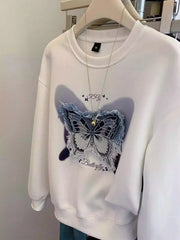 VINESU Casual Streetwear: White Sweatshirt  Denim Butterfly Patch