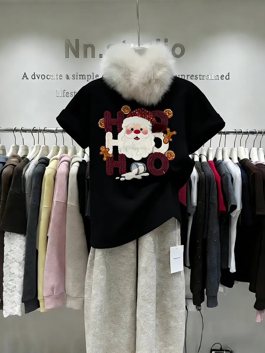 VINESU Hand-Embedded Diamond Cotton Christmas T-Shirt - Creative "HO HO" Santa Print Tee