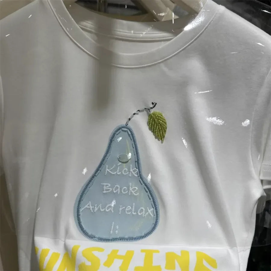 A118 - Premium 220 GSM Heavyweight Cotton Tee - Pear Graphic with Handmade Beaded Leaf & 3D Patch Embroidery