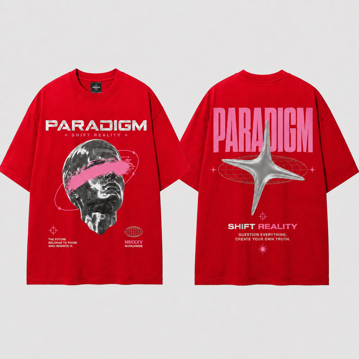 Paradigm Graphic Oversized T-Shirt Women & Men’s 100% Cotton Tee, Futuristic Space Print Double-Sided Streetwear Shirt
