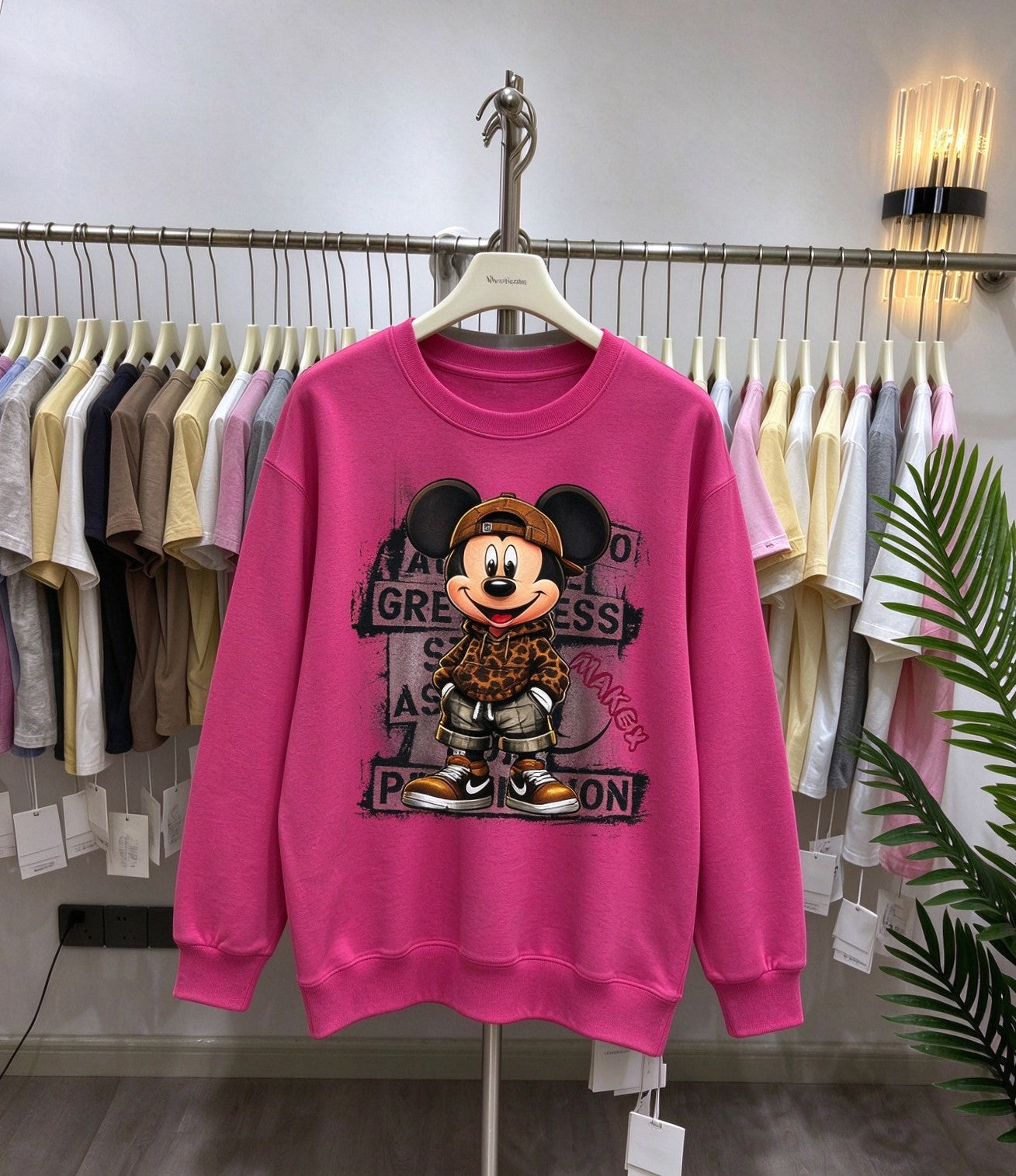 Leopard Street Mickey Graphic Cotton Sweatshirt | Casual Crewneck Pullover