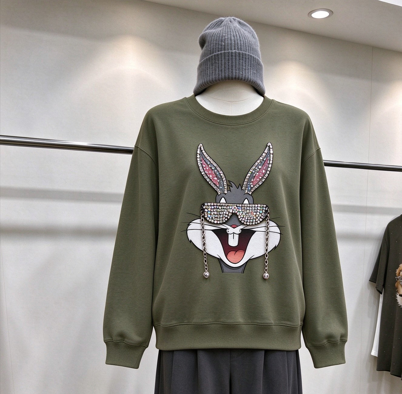 Rhinestone Bugsbunny Graphic Sweatshirt | 3D Chain & Beaded Sunglasses Crewneck