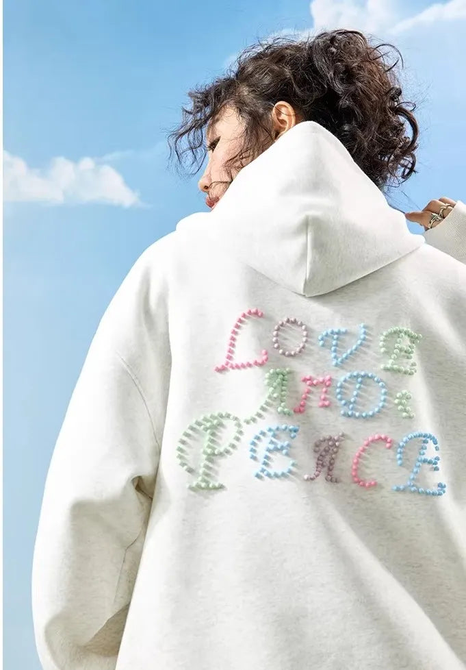 VINESU a38 - Pearl-Embellished "LOVE AND PEACE" Graphic Hoodie, Y2K Aesthetic Pullover
