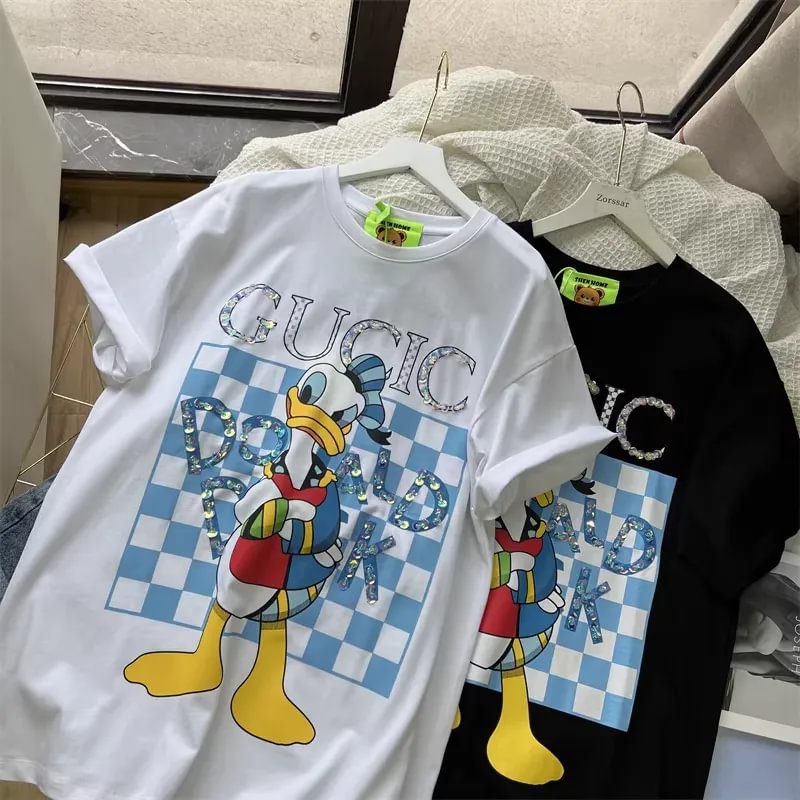 A99 - Luxury Sparkling Donald Duck Sequin Graphic T-Shirt - 220g Premium Breathable Cotton - Hand-Embellished Crystal Bead Embroidery