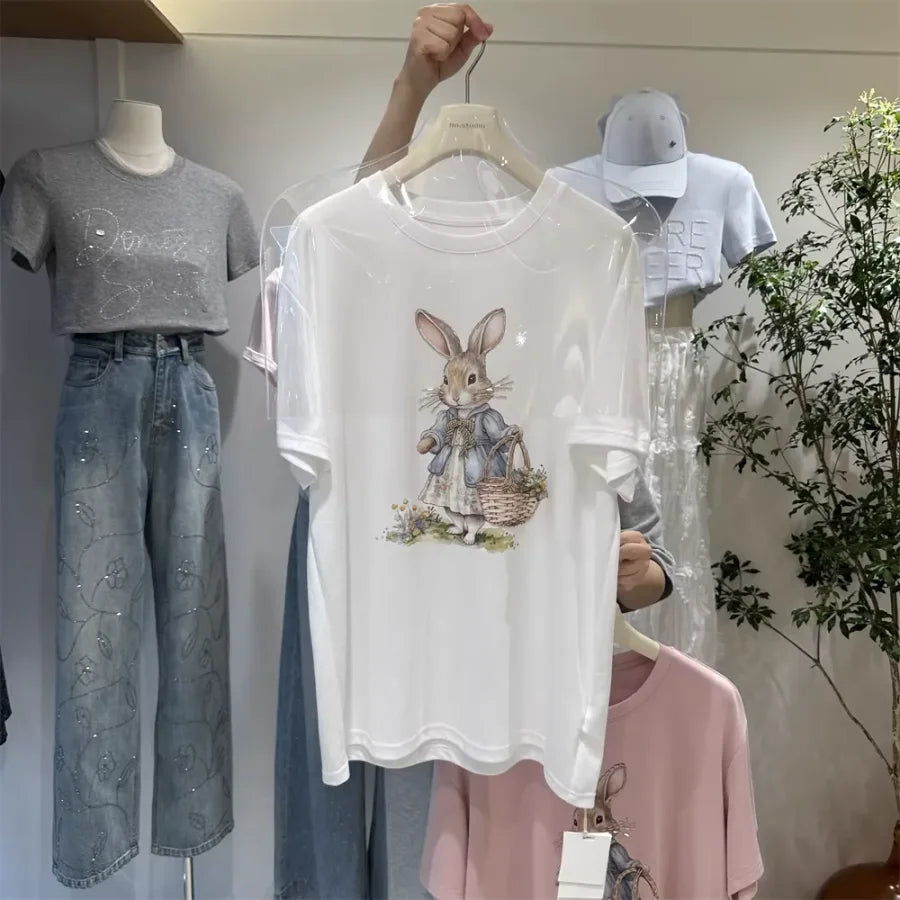 A136 - Oversized Rabbit Embroidery Tee - 220g Premium Cotton with Silver Bead Accents
