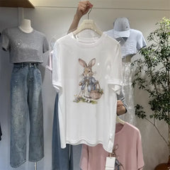 A136 - Oversized Rabbit Embroidery Tee - 220g Premium Cotton with Silver Bead Accents