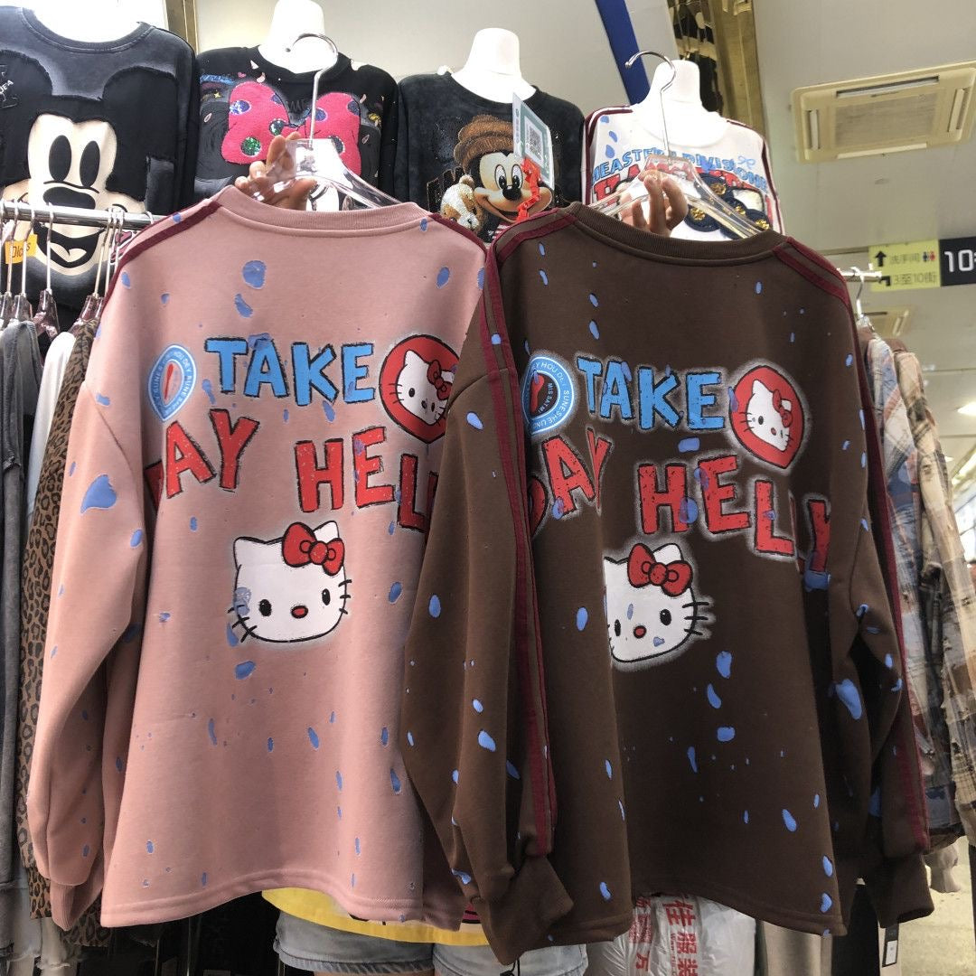 Sequin Embroidered HELLOKITTY Character Lightweight Sweatshirt – Double Side Graphic Crewneck