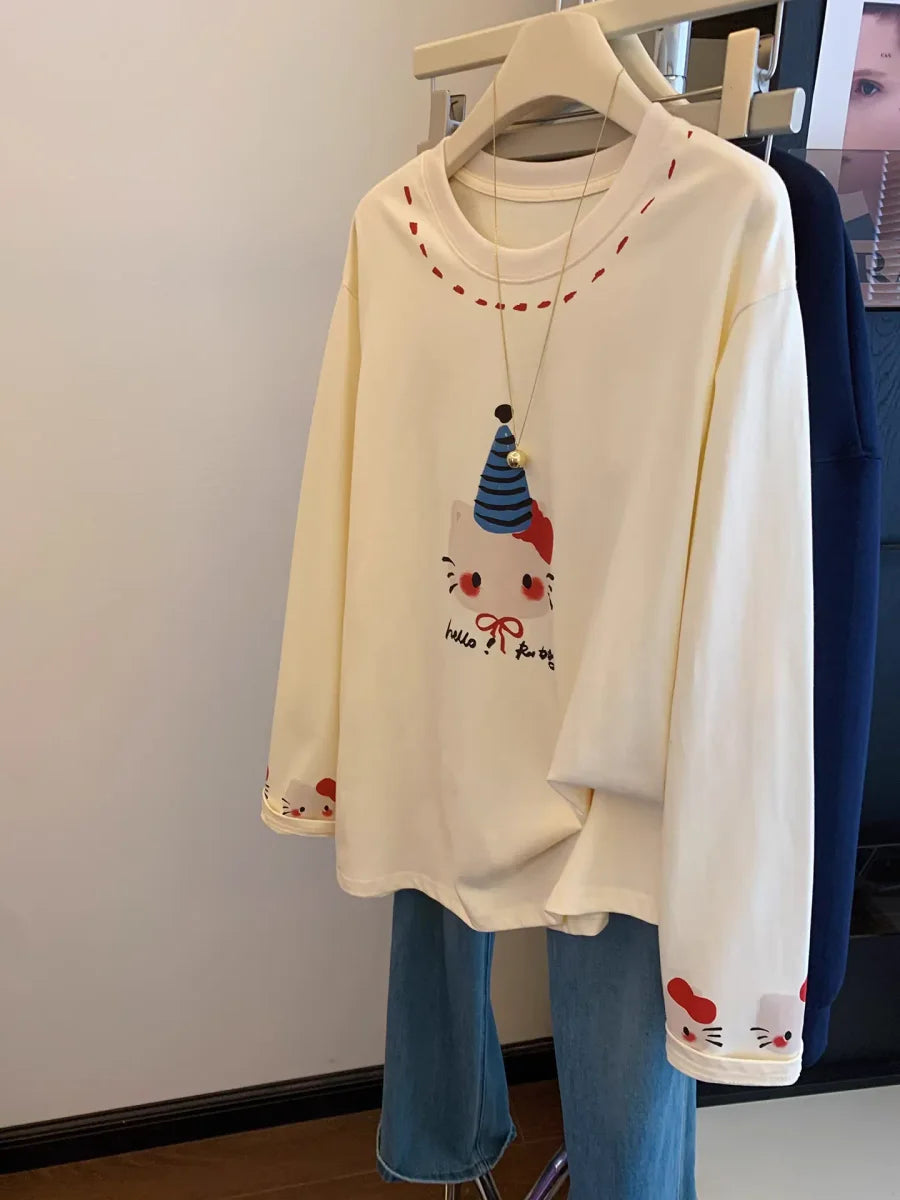 VINESU A43 Women’s Oversized Cat Graphic Long Sleeve Tee | Heart Accent Coquette Top