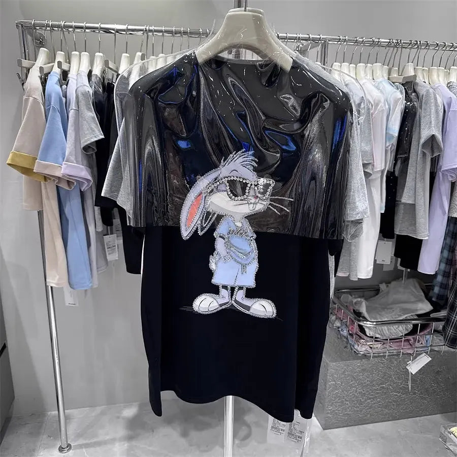 VINESU Cartoon Diamond Embellishments + Embroidered Bead Sunglasses Bunny Short-Sleeve T-Shirt