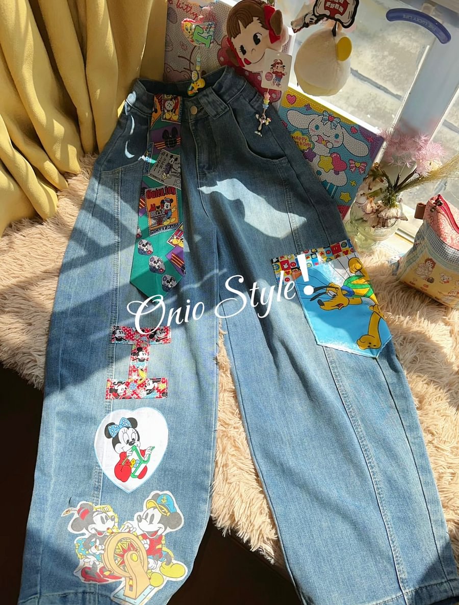 Vinesu A58 - Handmade Retro Mickey Patchwork Wide-Leg Jeans | 90s Nostalgia Custom Denim (No Belt Included)