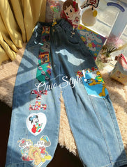 Vinesu A58 - Handmade Retro Mickey Patchwork Wide-Leg Jeans | 90s Nostalgia Custom Denim (No Belt Included)