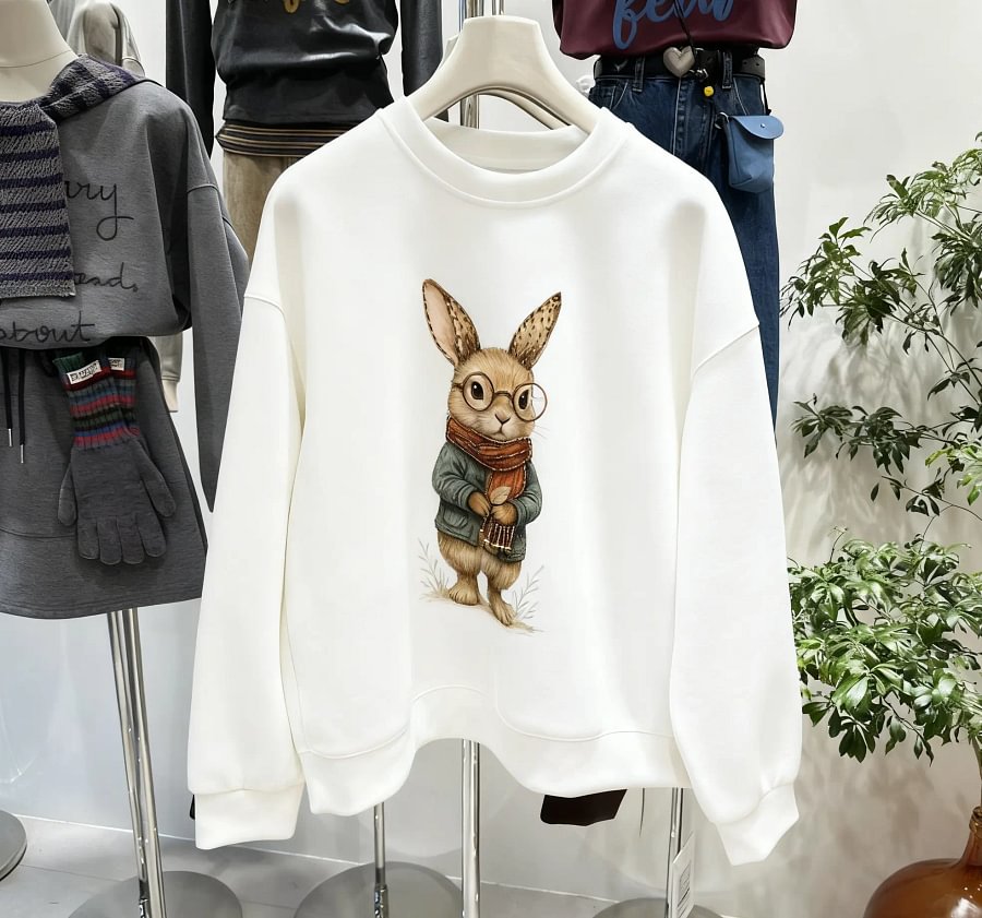 VINESU Heavy-Duty Glasses Bunny Crewneck Sweatshirt - Trendy Casual Style