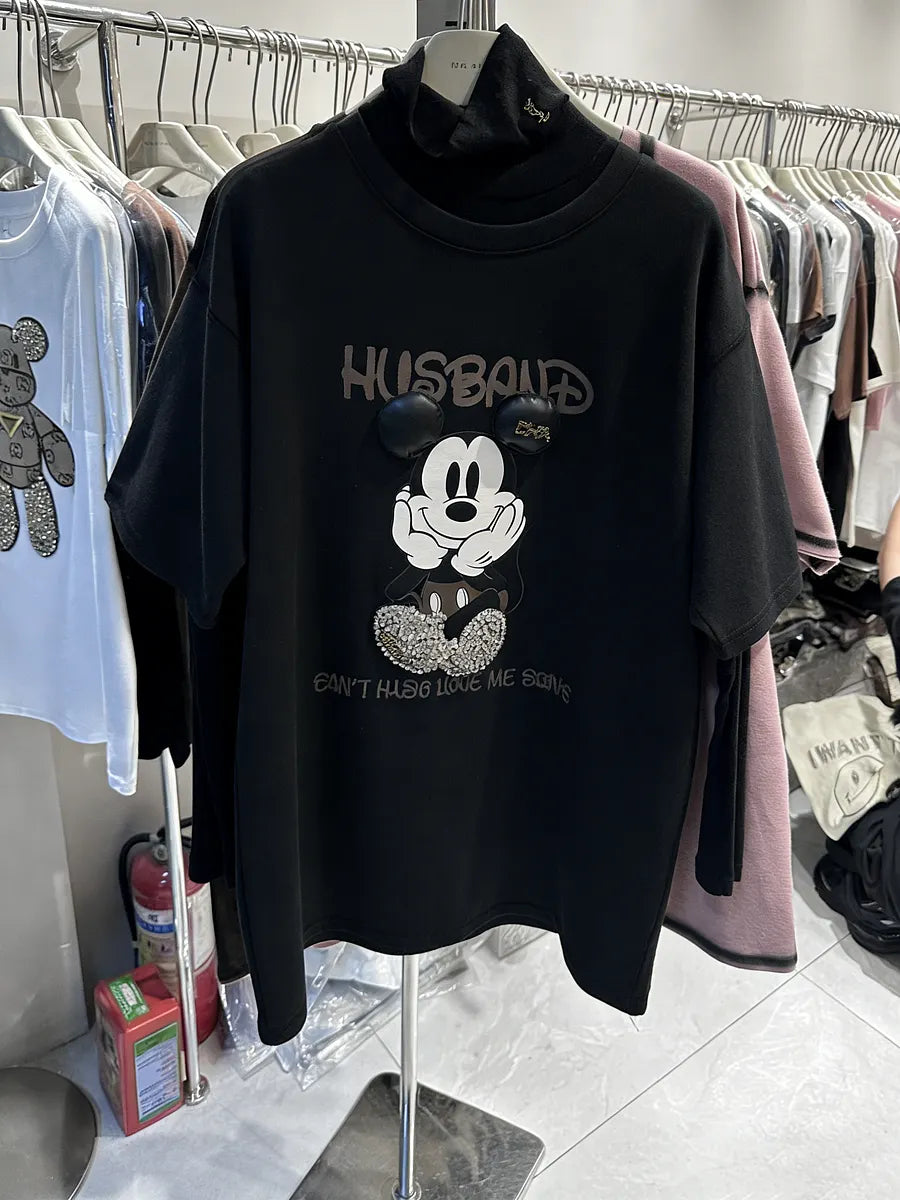 VINESU Rhinestone Cartoon Mouse TEE - 3D Bling Design, Sweet-Cool Street Style