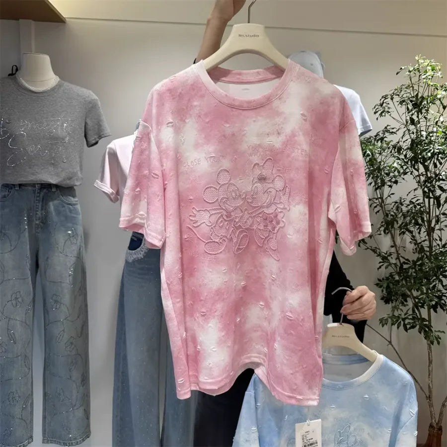 A139 - 2026 New Tie-Dye Cotton T-Shirt: Mickey Mouse Embroidery, Distressed Holes, and Hand-stitched Beadwork Flowers