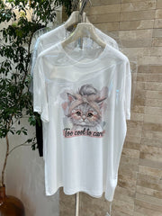A183 - Cool Cat Graphic Tee - Hand-Embroidered Crystal Beaded Detail - 220g Premium Heavyweight Cotton
