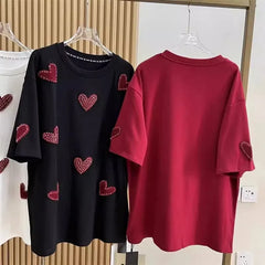VINESU Spring New Creative Design-Brushed Flocking Diamond Heart Short Sleeve