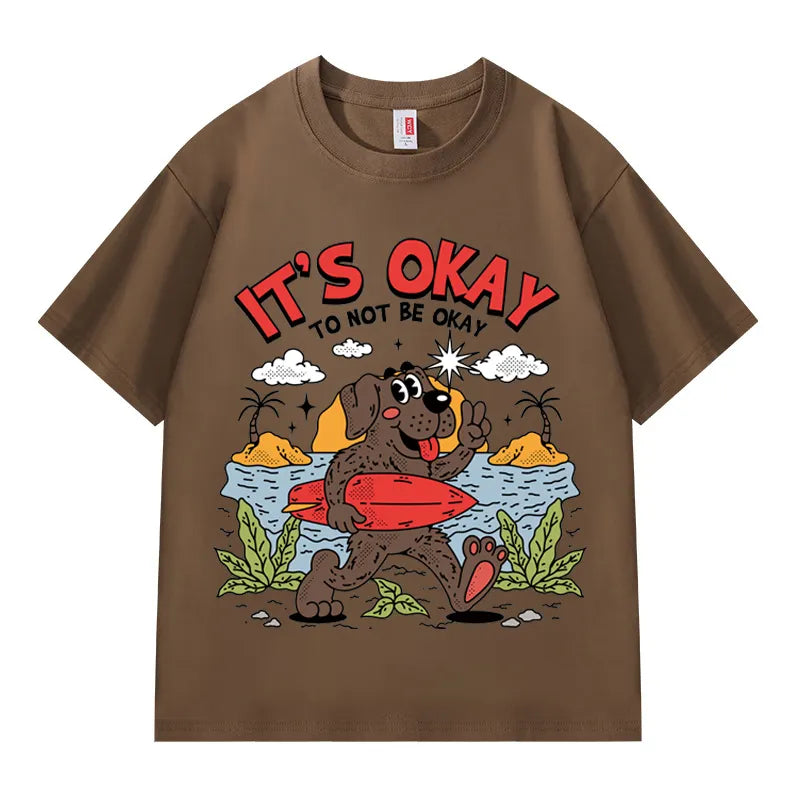 VINESU 100% Cotton T-Shirt: "It's Okay To Not Be Okay" Surfing Dog Cartoon Graphic Print