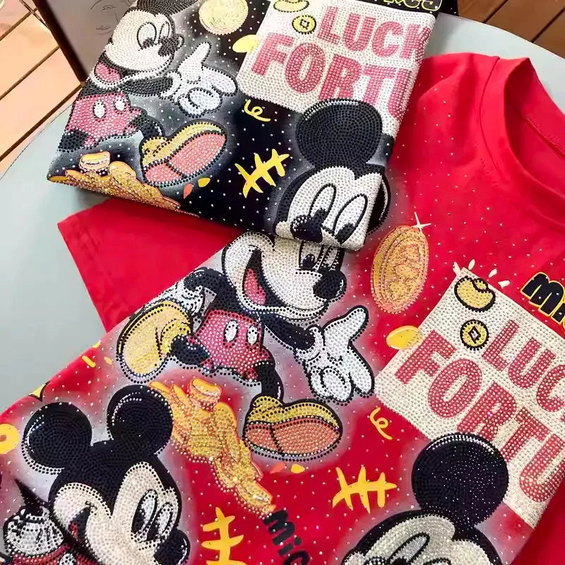 VINESU A09 - Lucky Fortune Mouse Oversized Tee with Custom Rhinestones