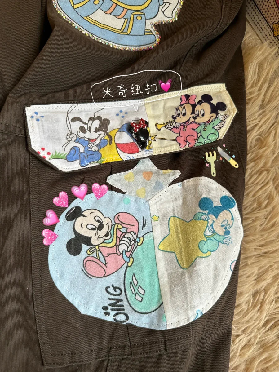 Retro Mickey & Friends Patchwork Cargo Pants - Unisex Hip-Hop Streetwear Trousers, Creative Cartoon Graphic Loose Fit Pants