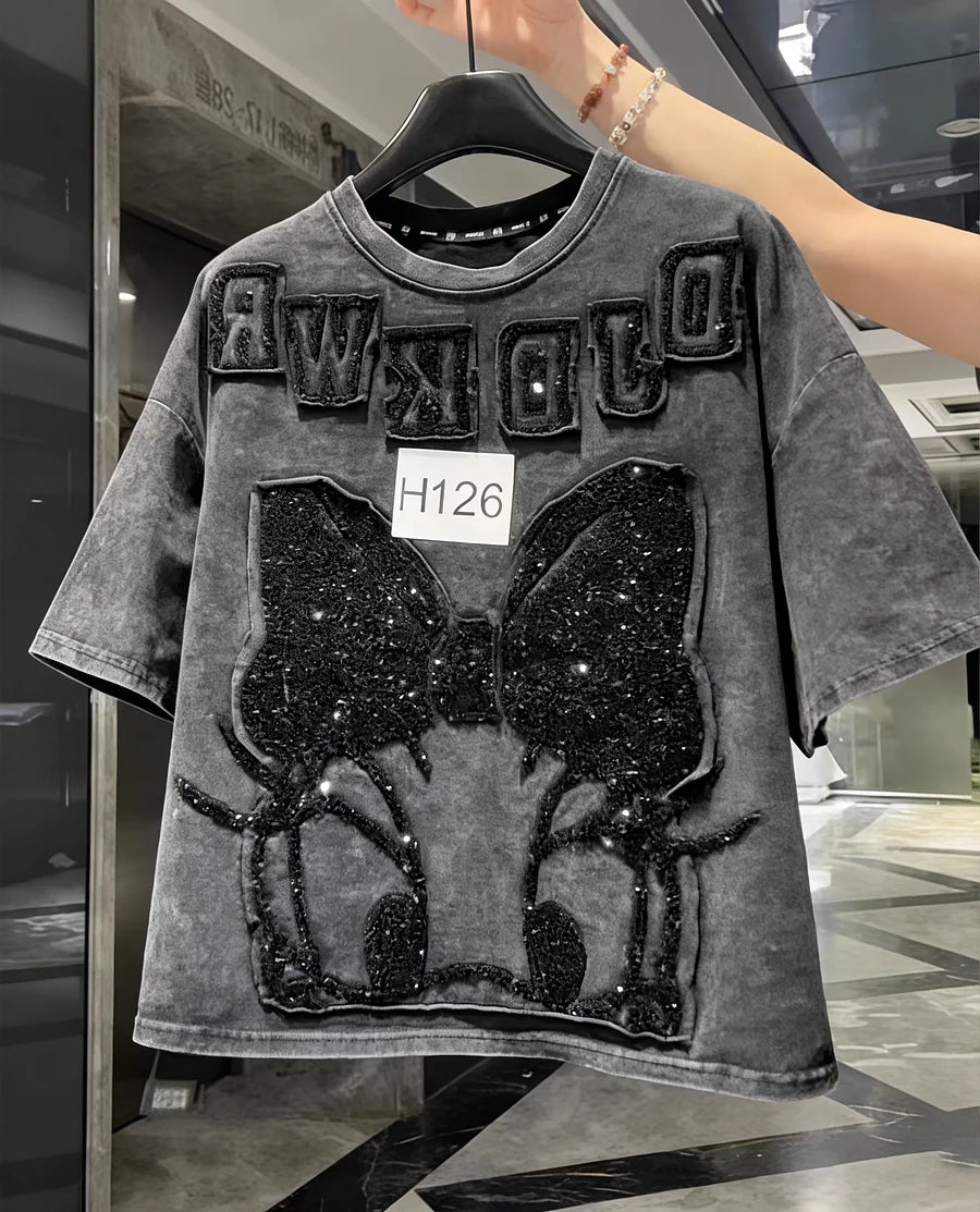 VINESU H125 🎀 H126 🔥2026 Trend: Daisy Washed Vintage Heavy-Detail Tee