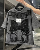 VINESU H125 🎀 H126 🔥 2026 Trend: Daisy Sequin Embellished Washed Vintage Oversized Heavy Detail Tee