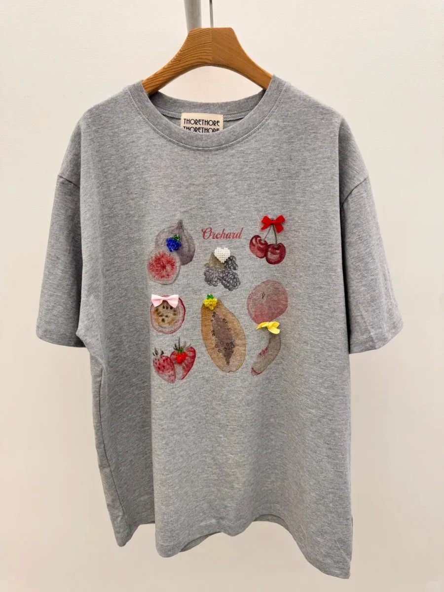 Vinesu A74 - Orchard Hand-Painted Beaded Bow Decor T-Shirt | 220g Cotton Loose Casual Top