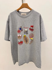 Vinesu A74 - Orchard Hand-Painted Beaded Bow Decor T-Shirt | 220g Cotton Loose Casual Top