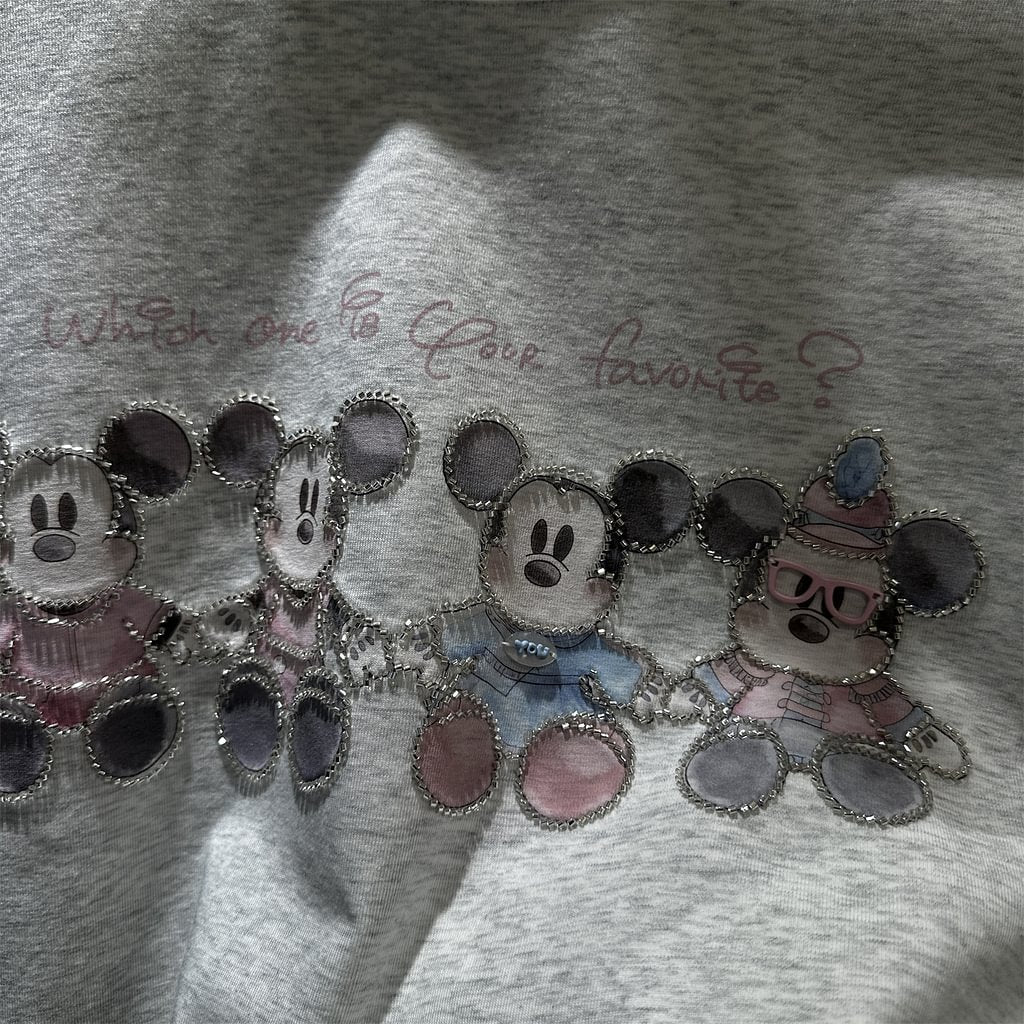 A181 - Luxury 3D Mickey Mouse Graphic Tee - Crystal Seed Bead Embroidery with Mini Sunglasses