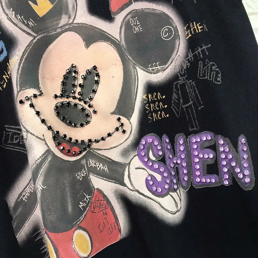 VINESU MKT07 - Oversized Graffiti Mouse T-Shirt for Women - 220g Breathable Cotton with Pearl & Rhinestone Embellishments (Sizes S-3XL)